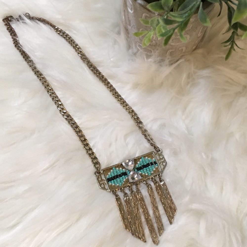 Gold Turquoise-Beaded Fringe Necklace